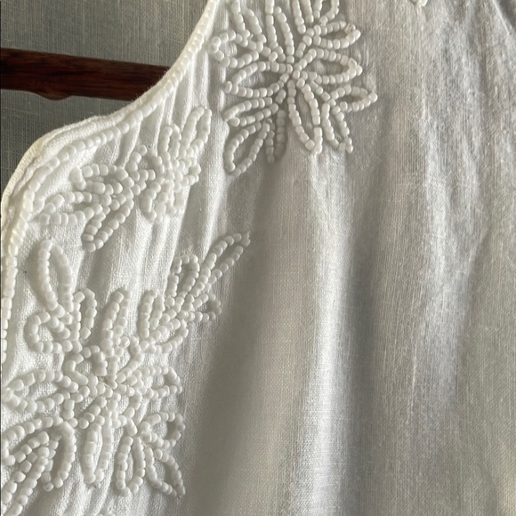 Lands' End White linen beaded  Mandarin Collar Blouse - Picture 2 of 7